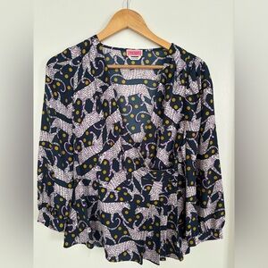 Kate Spade top. Size 6. Panther polka dot print blouse. Color teal, purple, gold